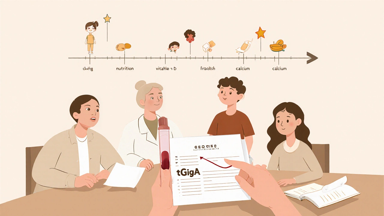 Family and doctor reviewing blood test results showing improving antibody levels and growth over time.