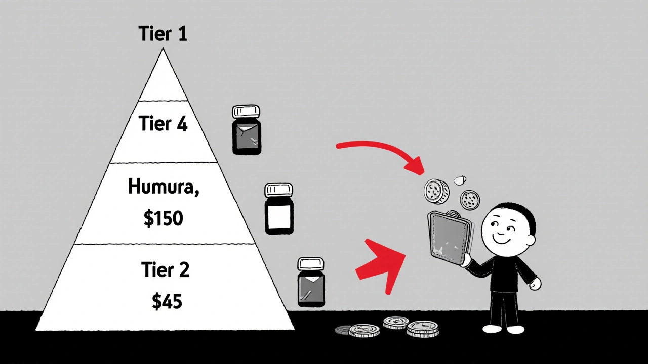 Five-tier medication pyramid showing a drug moving from expensive Tier 4 to affordable Tier 2.