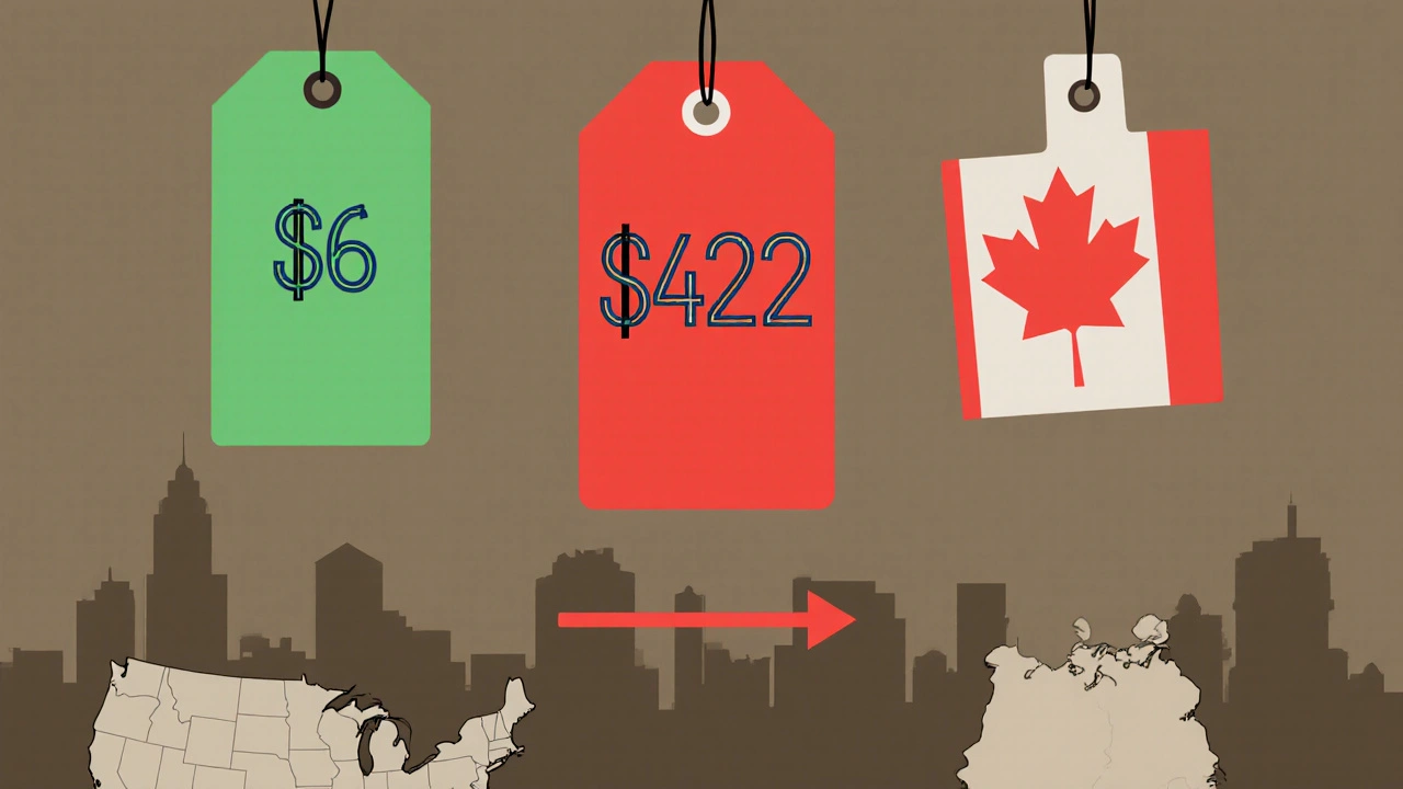 Global price comparison with floating price tags above country shapes, highlighting U.S. brand-name drug costs as much higher than other nations.