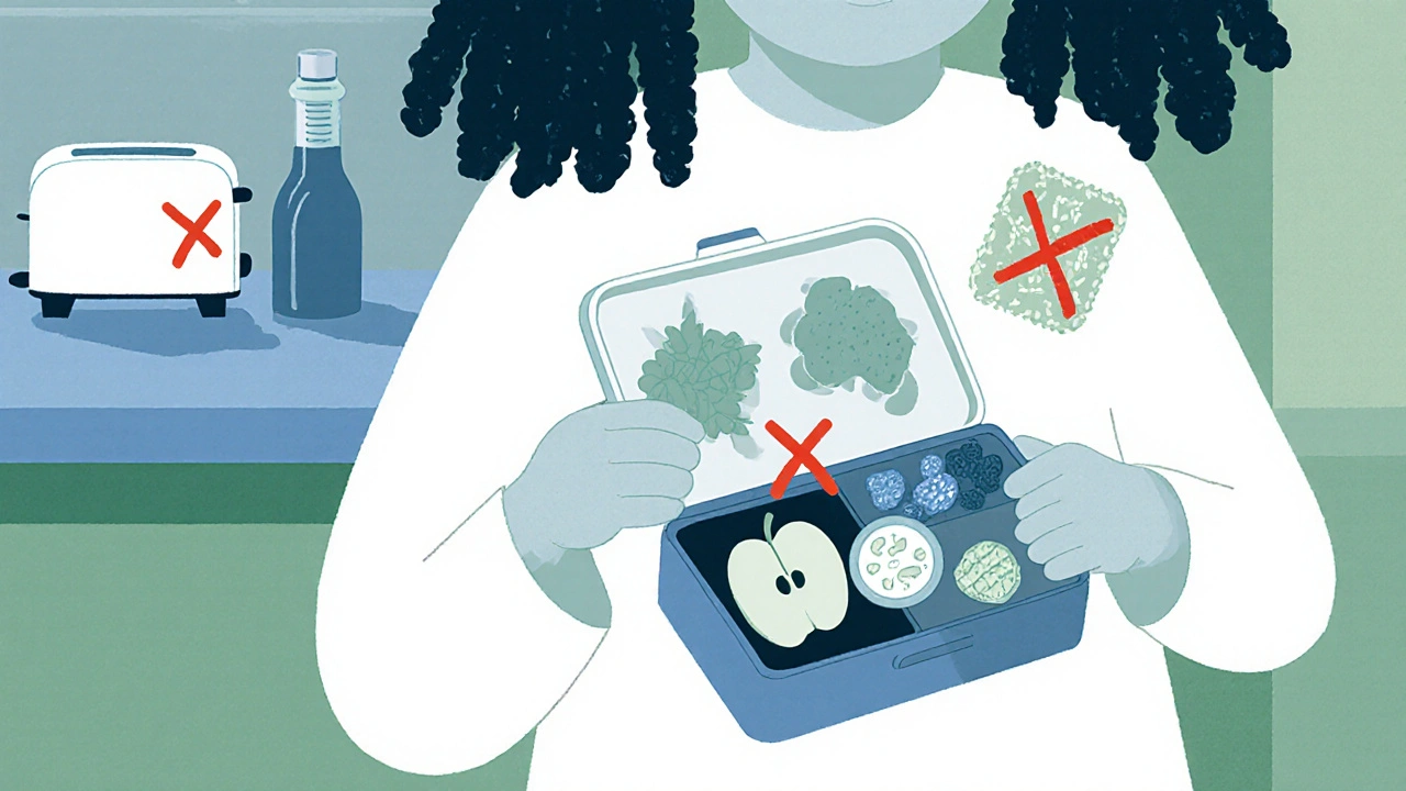 Gluten-free lunchbox with healthy snacks, hidden gluten sources marked with Xs in the background.