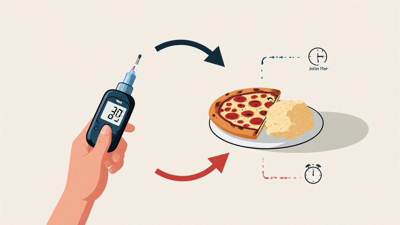 Hand administering bolus for pizza meal, with slow and fast carb absorption arrows.