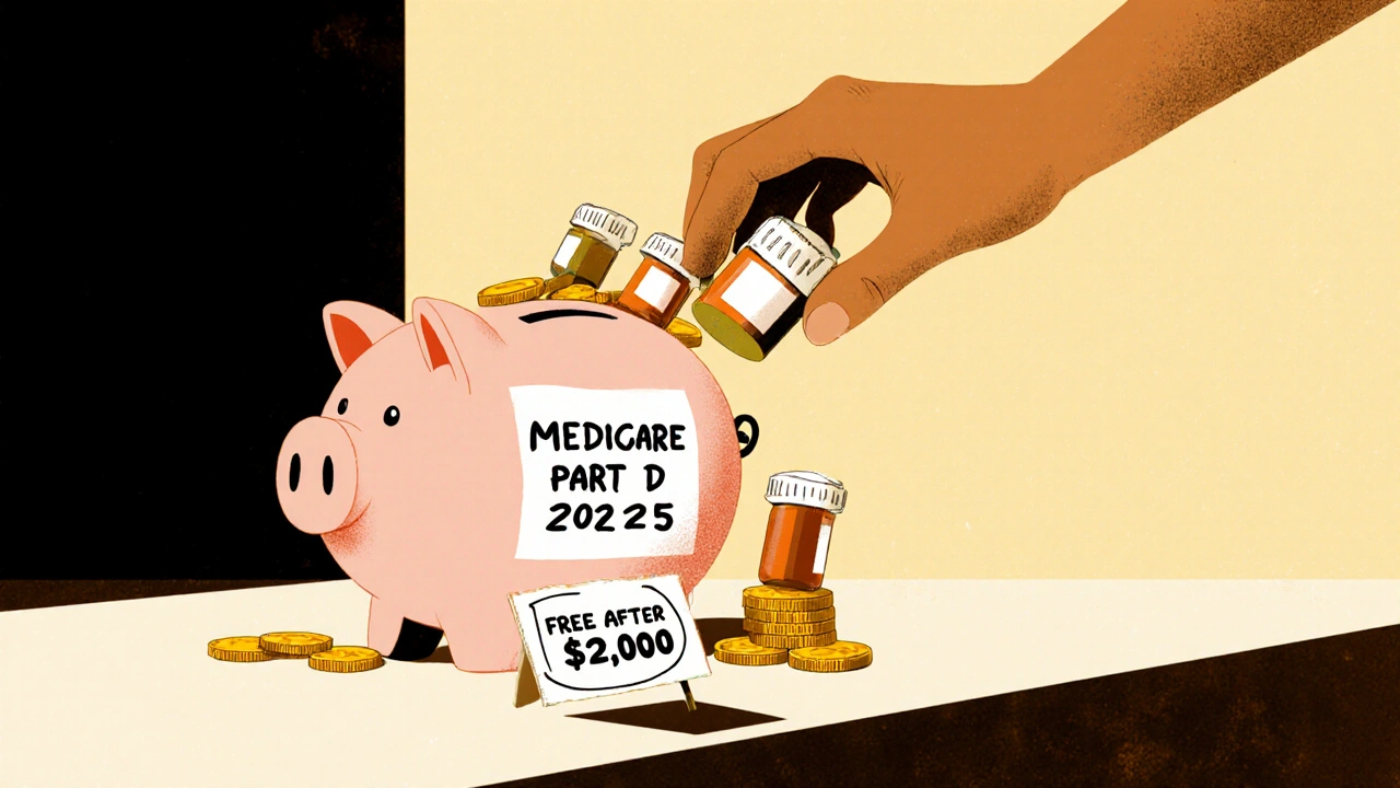 Hand putting generic pills into a piggy bank labeled &#039;Free After ,000&#039;.