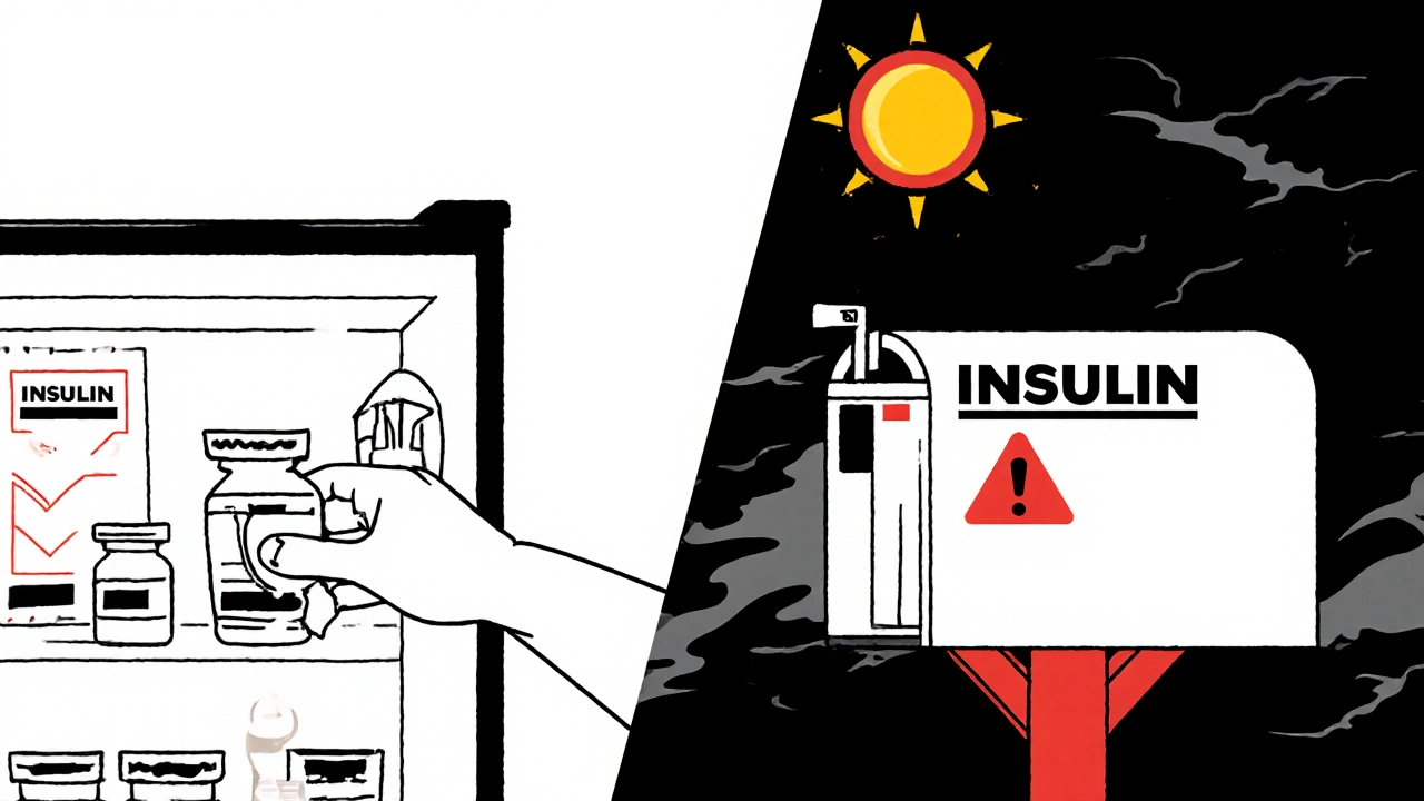 Insulin vials safely stored in pharmacy fridge vs. risky mailed package in hot mailbox.