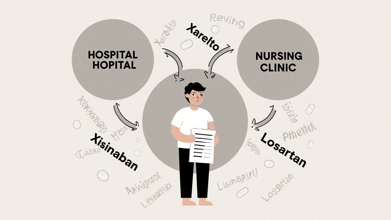 Patient caught between three healthcare settings with swirling medication names