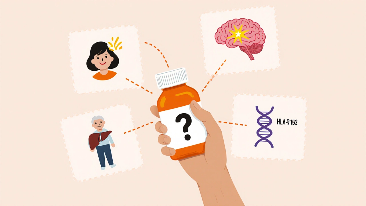 Patient surrounded by risk factors for carbamazepine instability: brain, hormones, age, and genetic marker.