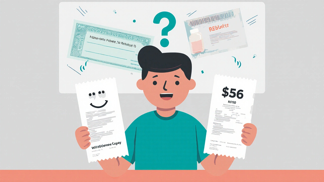 Person at pharmacy counter holding two receipts — one low-cost generic, one high-cost brand-name — with rebates flowing to insurers instead of patient.