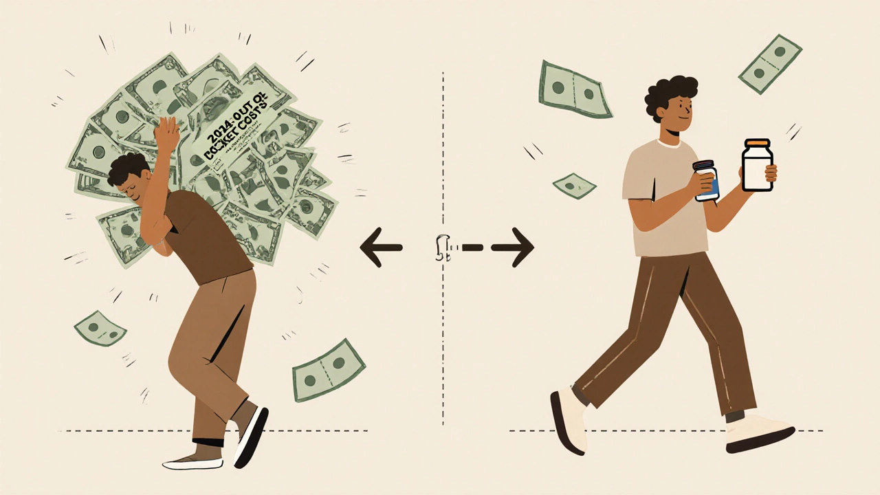 Person comparing heavy 2024 drug costs to light 2025 expenses with a  pill bottle.