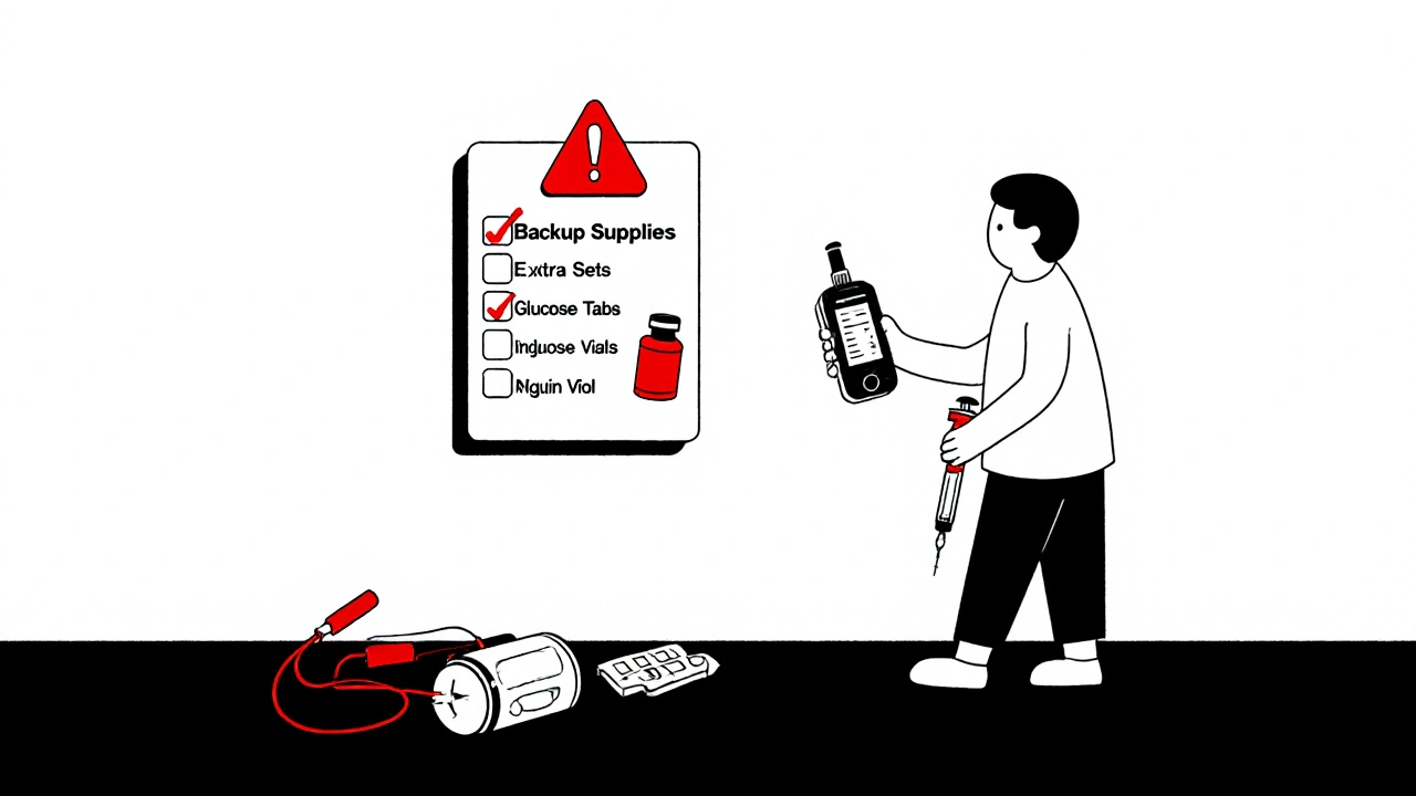 Person with backup supplies beside broken pump, warning triangle above.