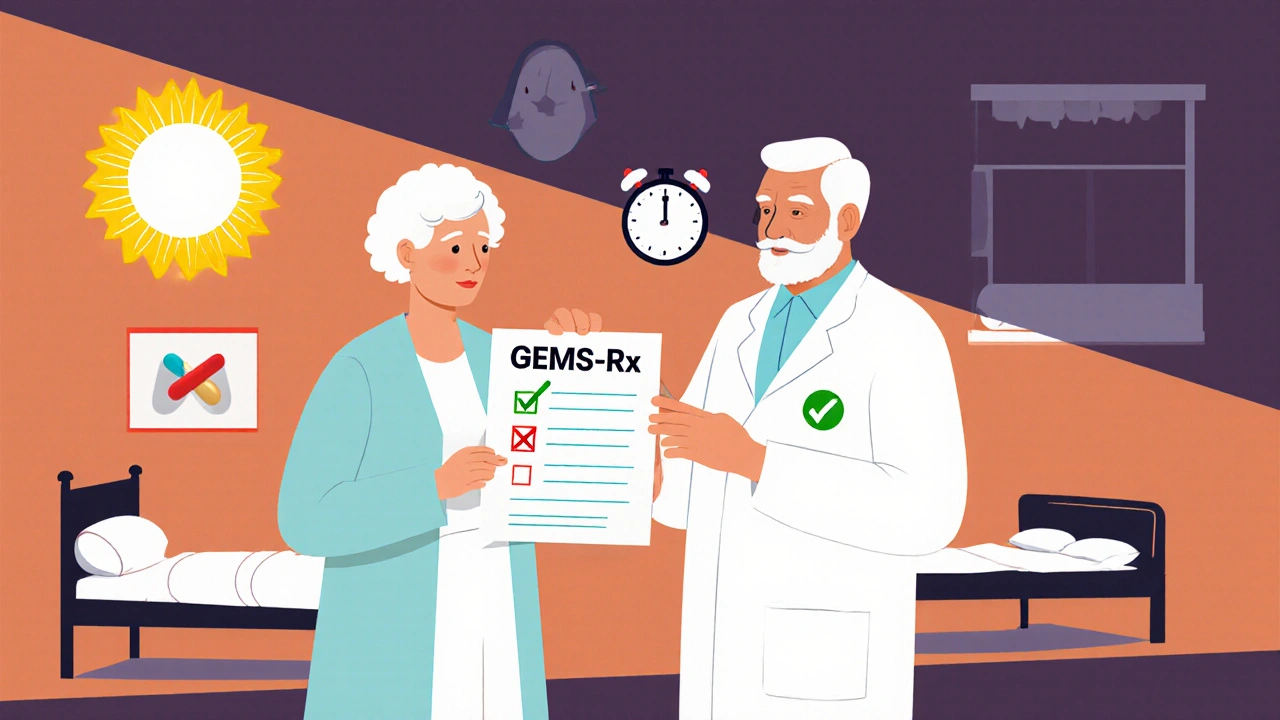 Pharmacist and doctor reviewing medication checklist in ER, red X on risky drug, green check on sleep hygiene.