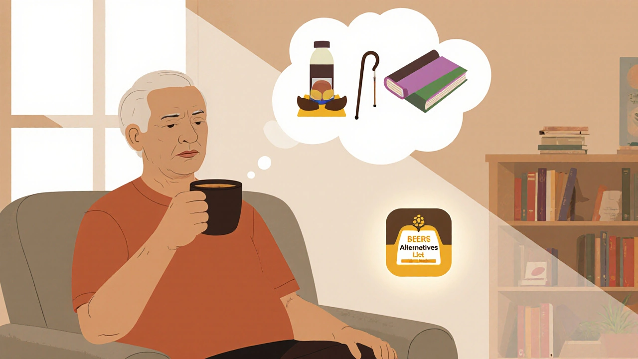 Senior in sunlit room, pill bottle replaced by non-drug wellness symbols like yoga mat and walking cane.