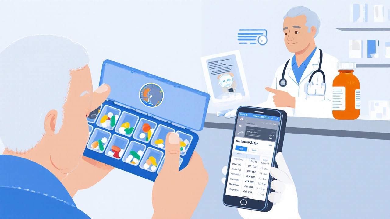 Senior using a pill organizer with smartphone reminder app beside them at a pharmacy counter.