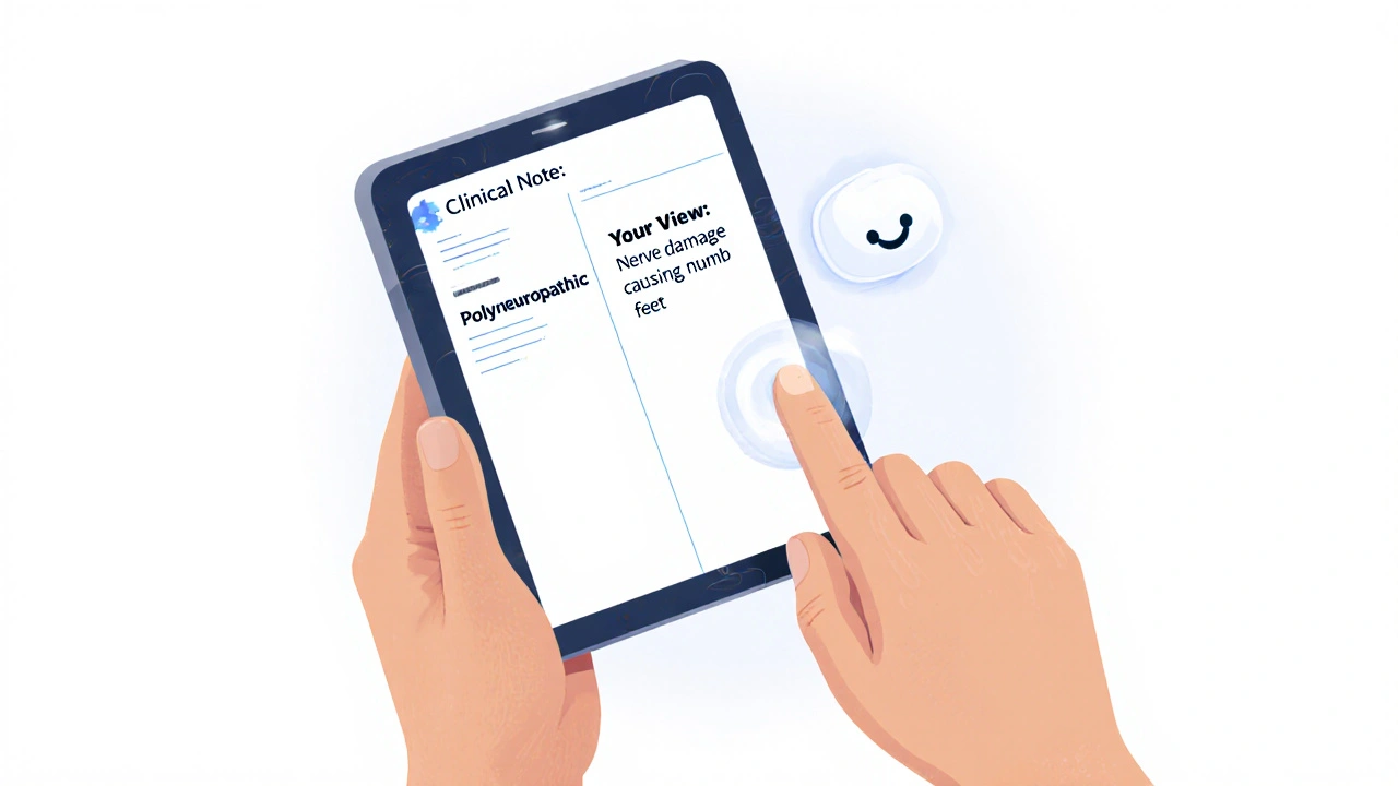 Side-by-side clinical term and patient-friendly translation on a tablet screen with friendly AI helper.