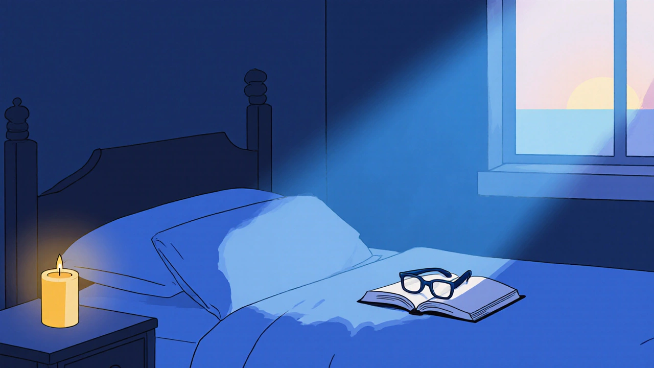 Sleep-friendly bedroom with candle, book, and blue-light glasses on nightstand, dawn light entering window.