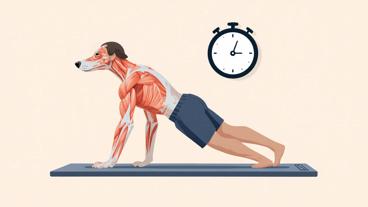 Someone doing a bird-dog exercise with highlighted core and back muscles for back pain relief.