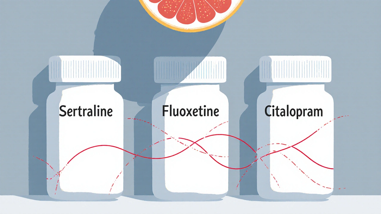 Three medication bottles with grapefruit casting a shadow only over the sertraline bottle.