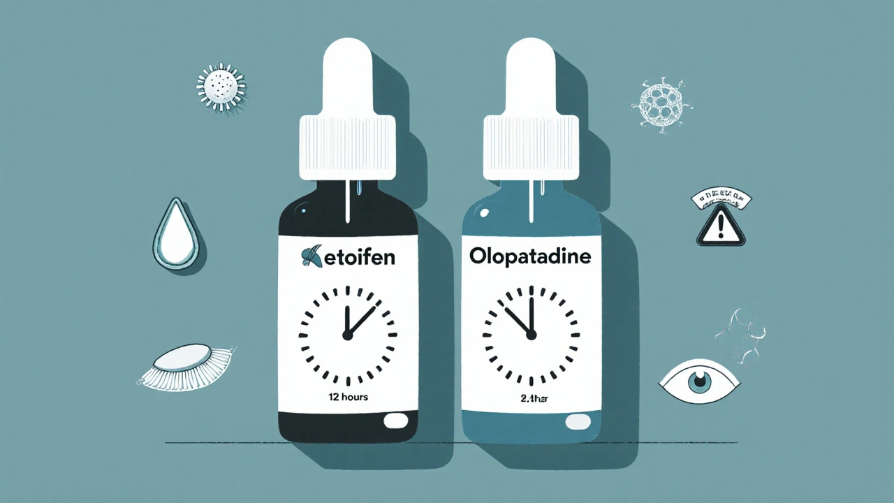 Two eye drop bottles compared with icons showing duration and warnings