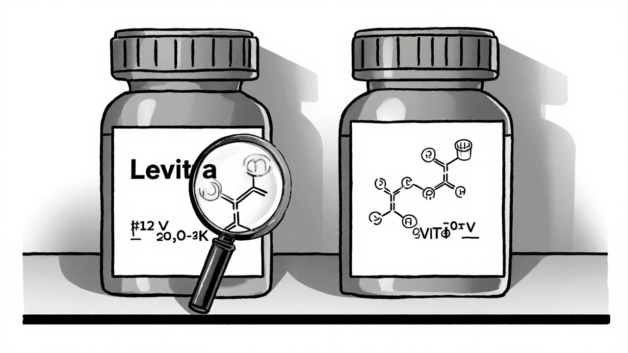 Two identical pill bottles on a shelf, one labeled Levitra with high cost, the other Vilitra with low cost.