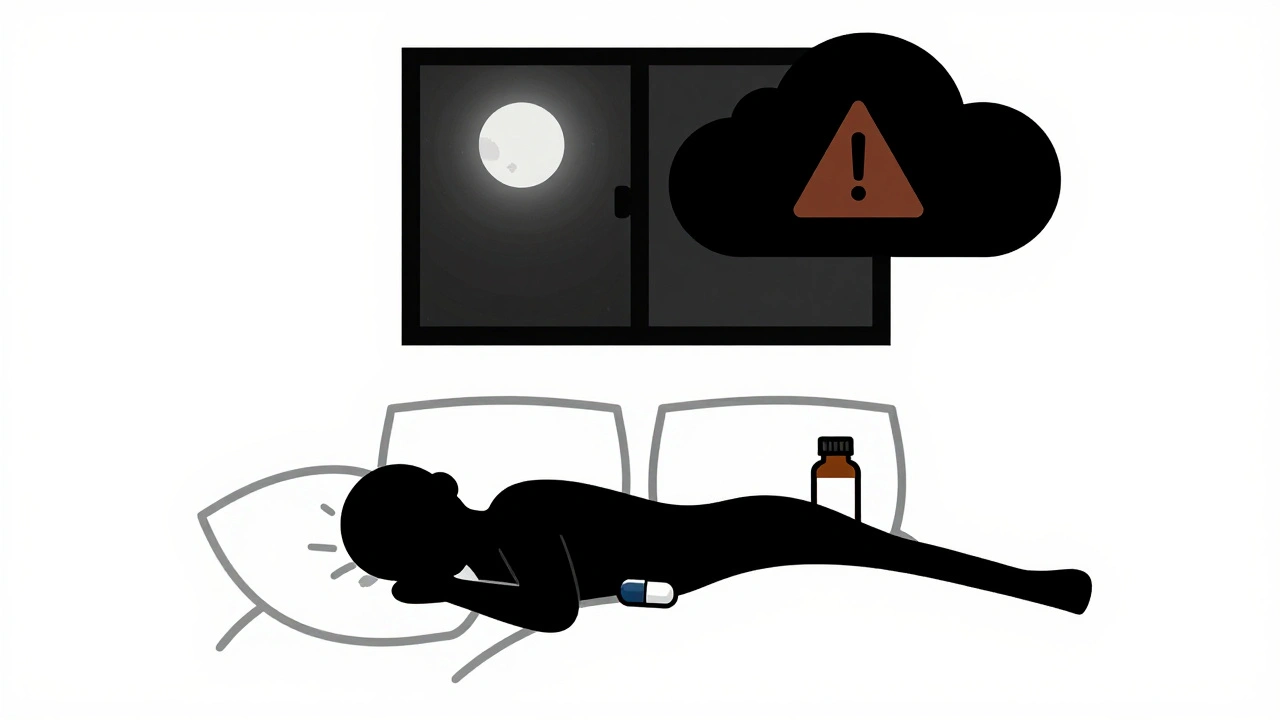 A bed with sleep aids and a shadowy figure, under a dim moon and warning-shaped cloud.