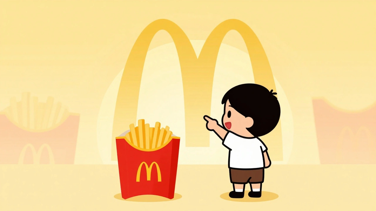 A child pointing at golden arches under a sunrise, with a Happy Meal box nearby in minimal red and yellow.