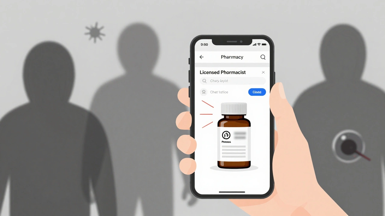 A fake online pharmacy on a phone with toxic substances looming behind.