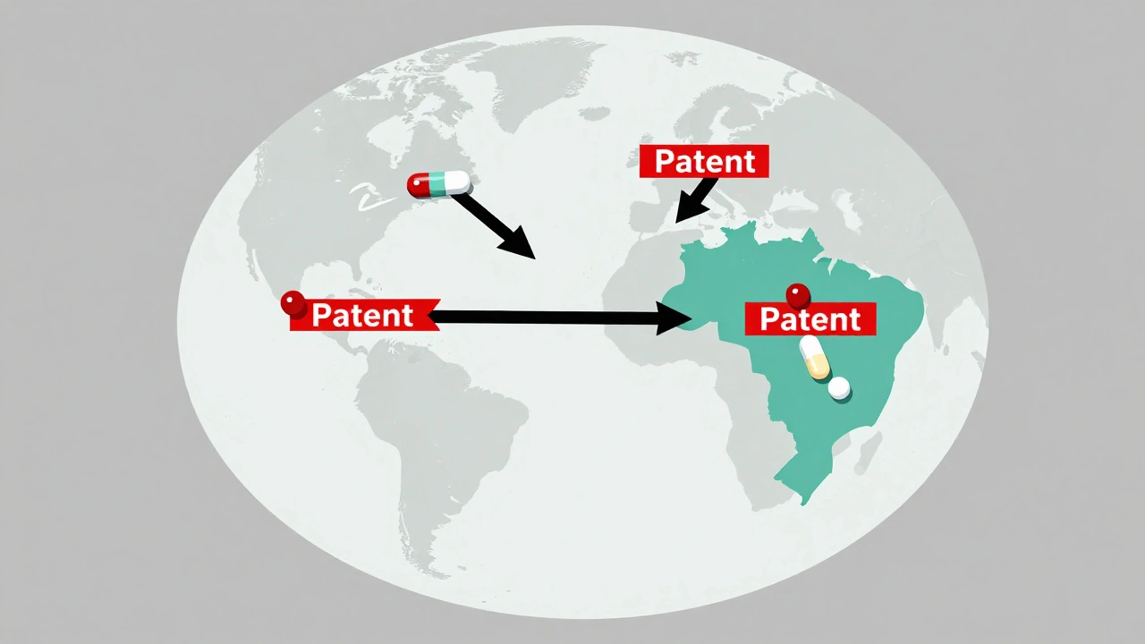 A globe with generic medicine flowing from producer nations to those in need.