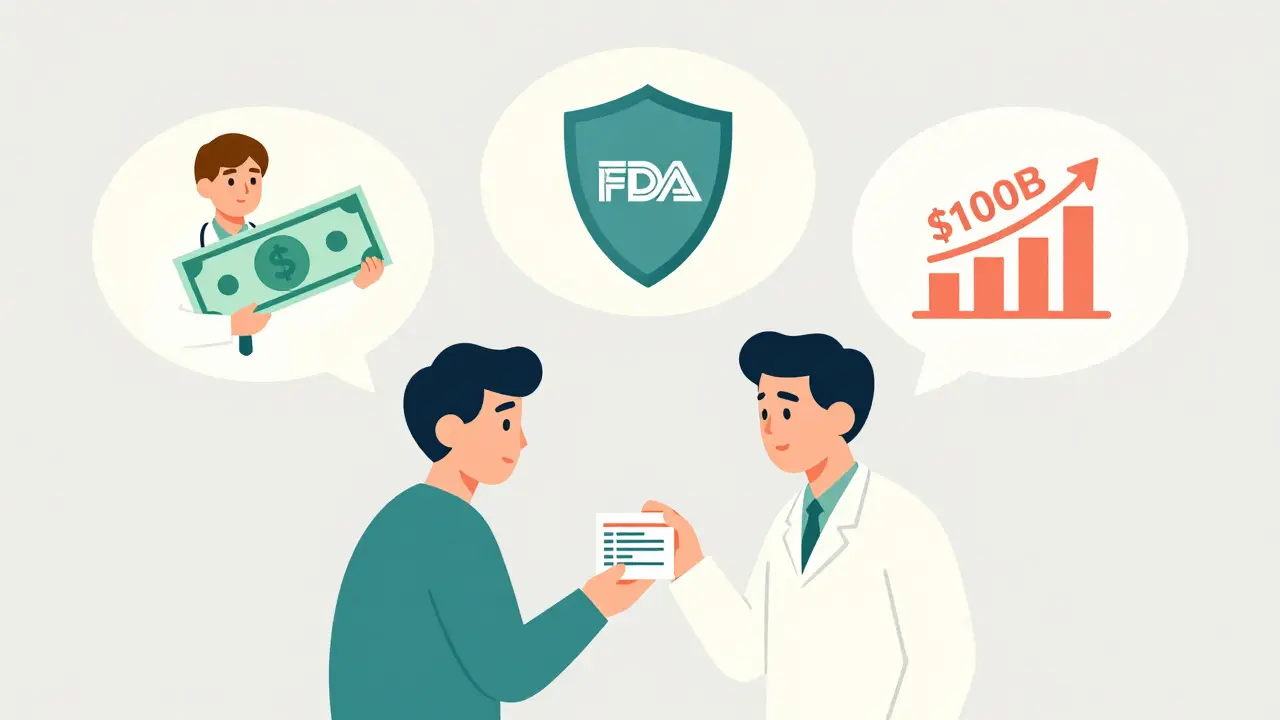 A patient holds a prescription with thought bubbles showing a doctor, FDA approval, and a rising savings chart.