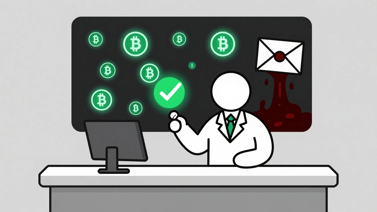 A pharmacist scanning a pill while dark web drug shipments leak poison.