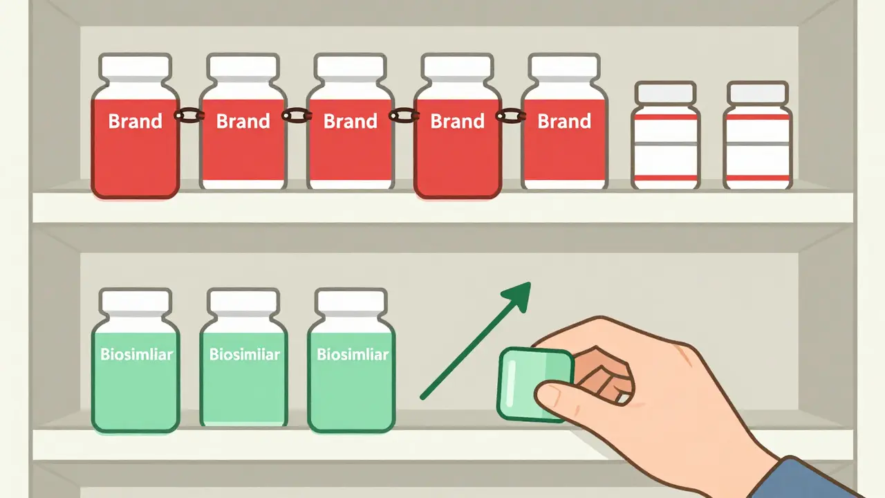 A pharmacy shelf with expensive branded drugs bound by chains versus affordable biosimilars with rising savings arrows.