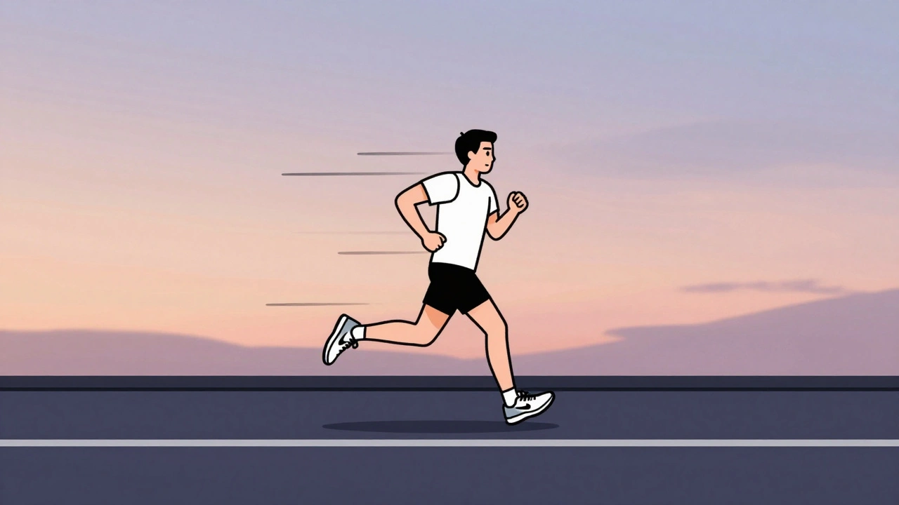 A runner at dawn with Nike&#039;s swoosh visible, motion lines suggesting determination and movement.