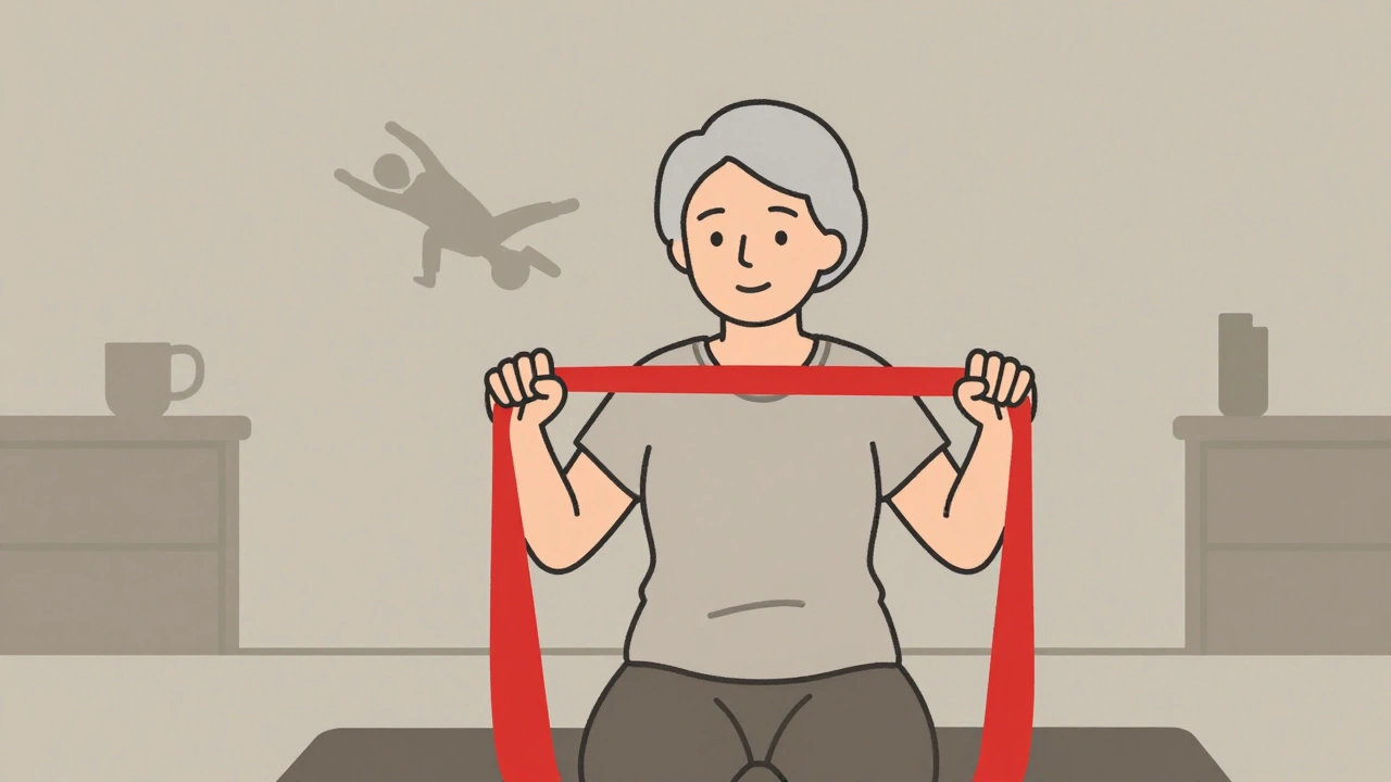 A senior using a resistance band while seated, improving muscle safety.