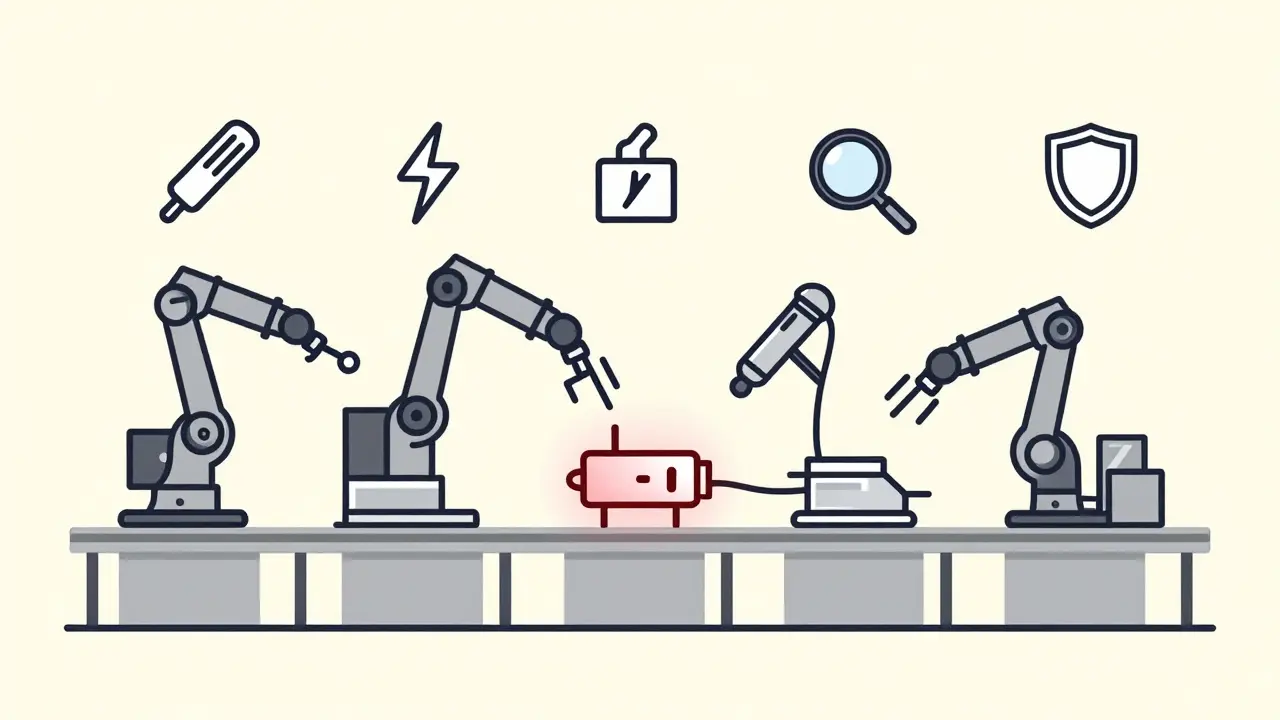 An assembly line with medical devices being tested, one failing and being removed.