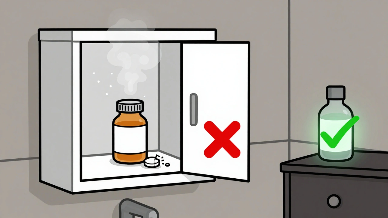 Bathroom cabinet with steam damaging pills vs. properly stored medicine in a drawer.
