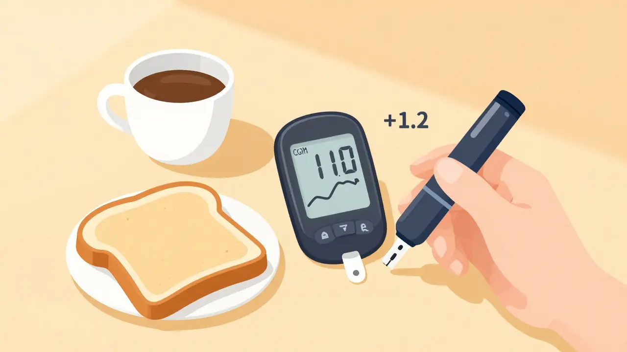 Breakfast table with CGM showing rising glucose and insulin pen ready to adjust dose.