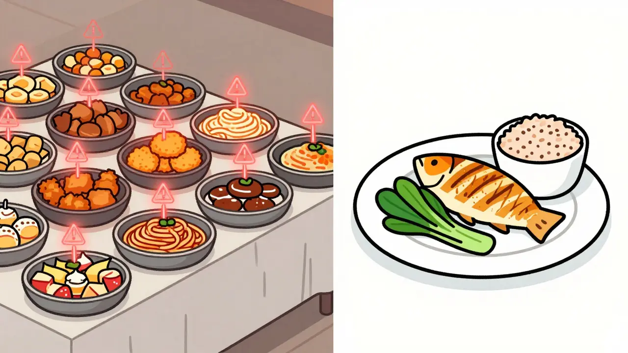 Contrasting buffet chaos with a simple, healthy meal, showing the choice between overeating and mindful eating.