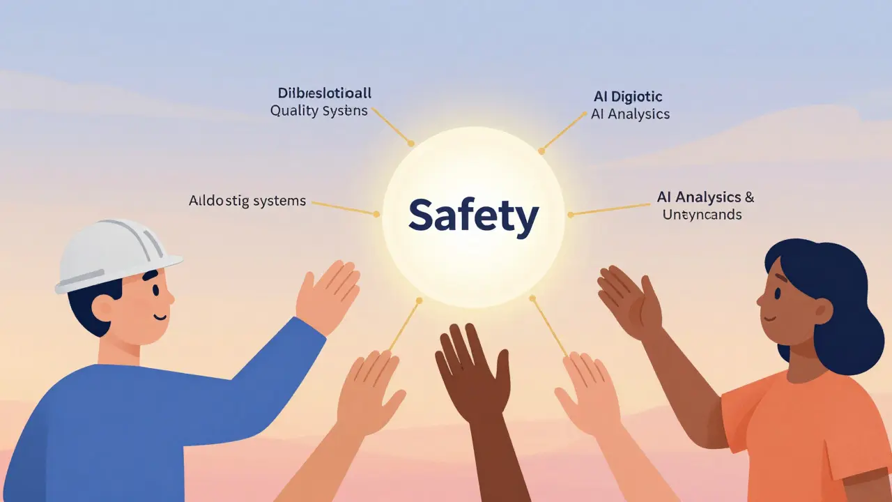 Diverse hands connected by threads to a glowing safety sphere, symbolizing collaboration.