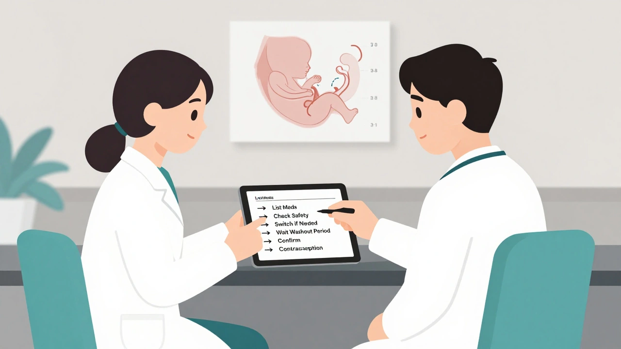 Doctor and patient reviewing medication safety checklist on tablet in clinic
