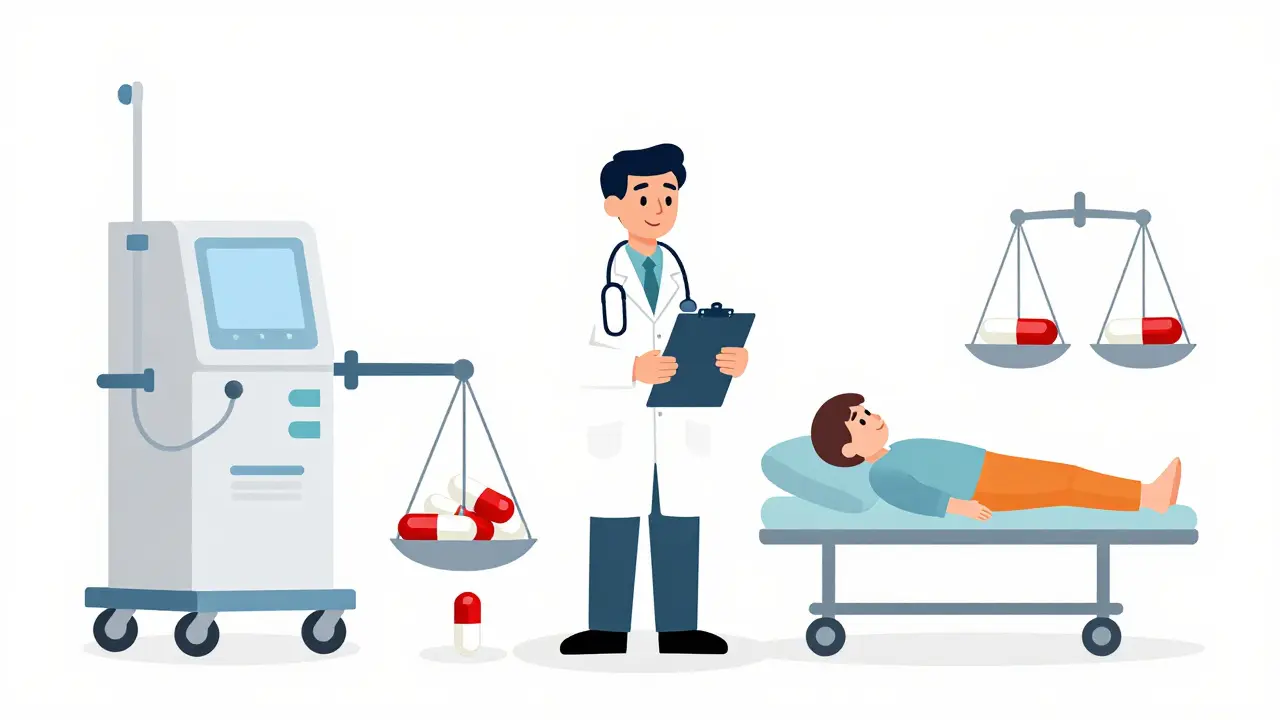 Doctor balancing opioid doses by kidney function on a scale with fentanyl and buprenorphine winning.