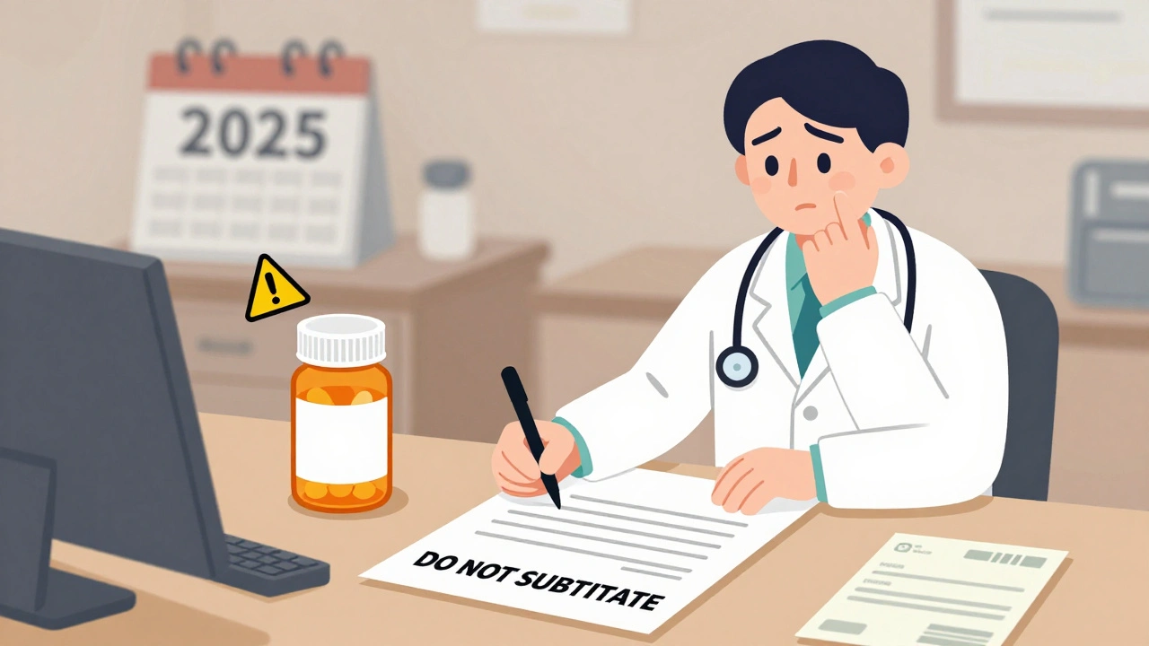 Doctor writes &#039;Do Not Substitute&#039; on a prescription for thyroid medication as pharmacist hesitates.