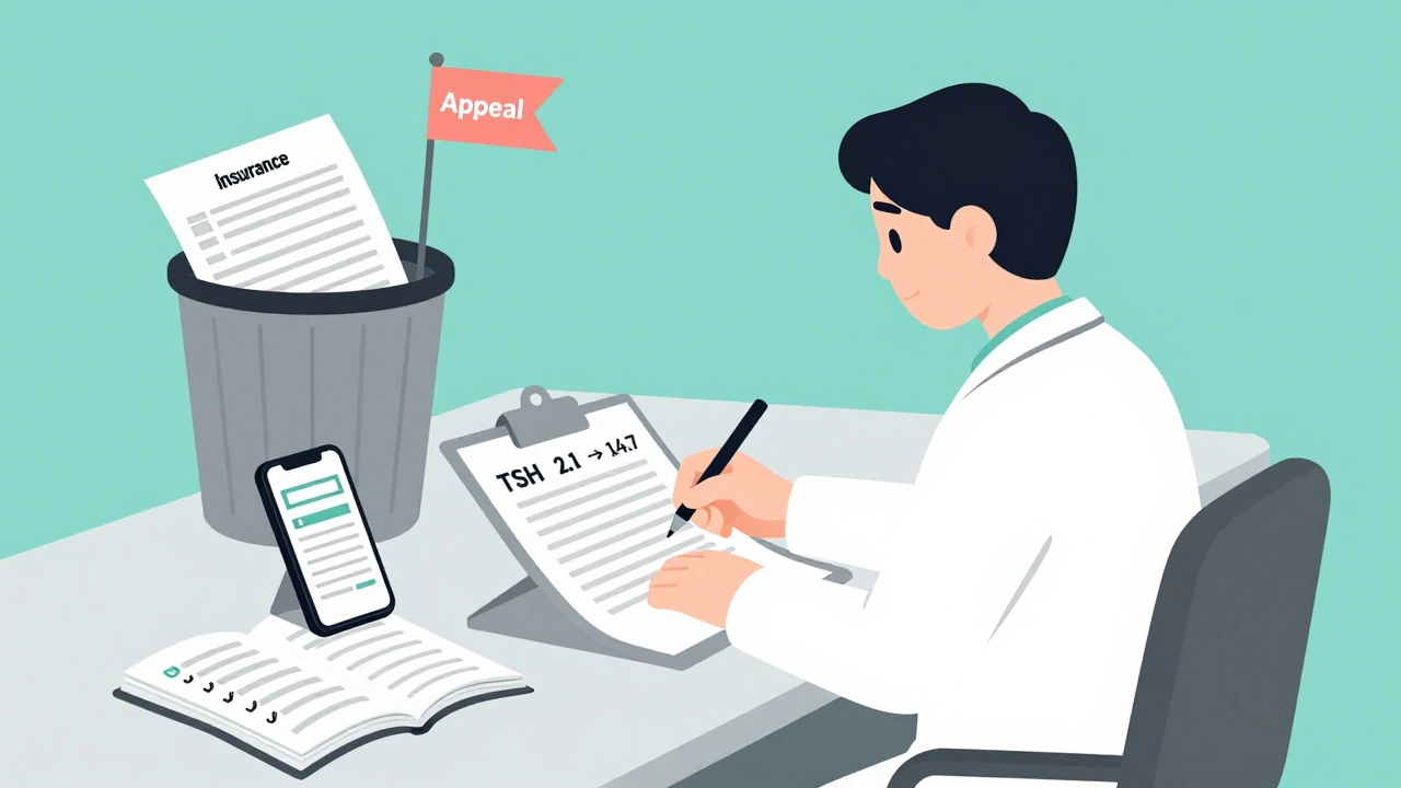 Doctor writing appeal letter with lab results and symptom log, insurance forms discarded in trash.