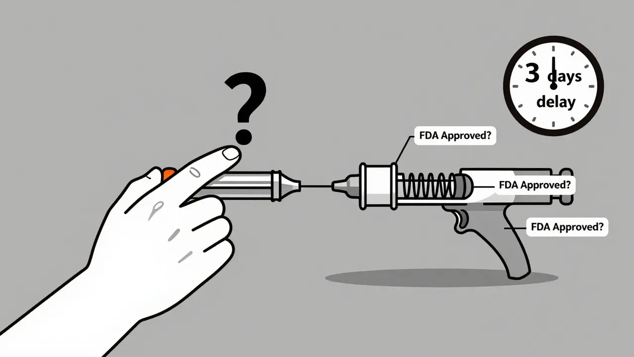 Hand struggling to use auto-injector with labeled internal parts and a '3 days delay' clock.