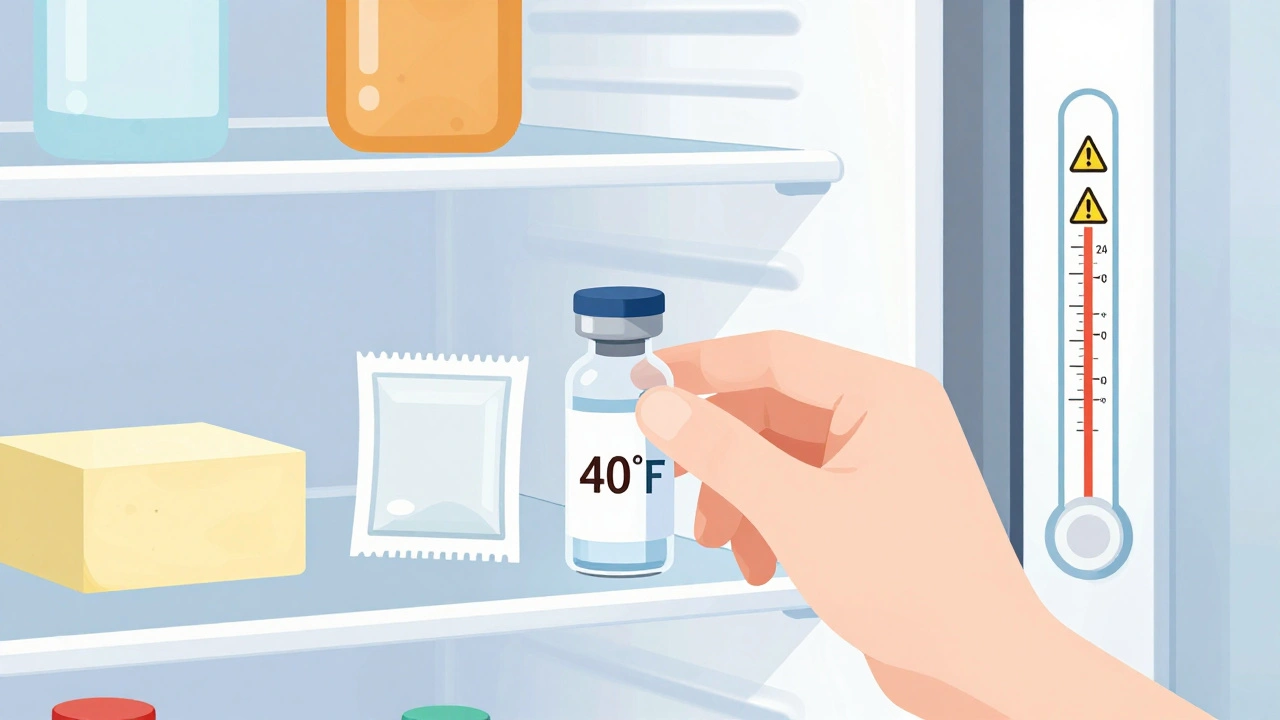 Insulin vial on refrigerator center shelf with temperature reading, away from door.