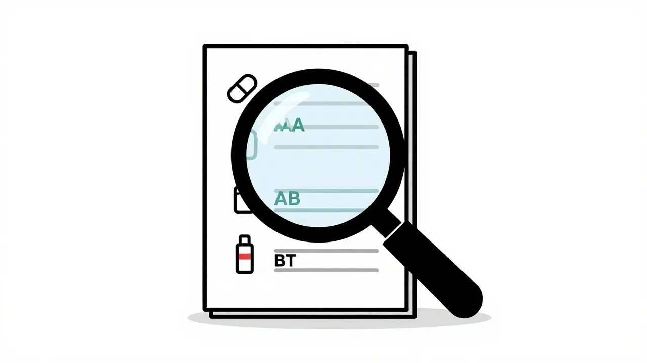 Magnifying glass over Orange Book showing AA, AB, and BT drug codes with icons.