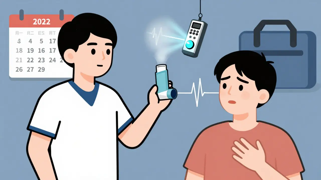 Paramedic using expired inhaler on patient, with a pulse line and scanner in background.