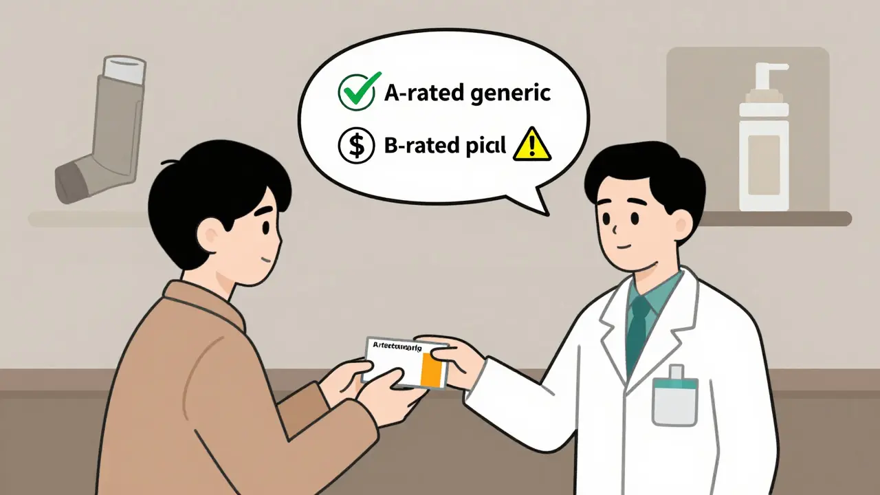 Patient and pharmacist with thought bubble comparing A-rated and B-rated drug substitutions.