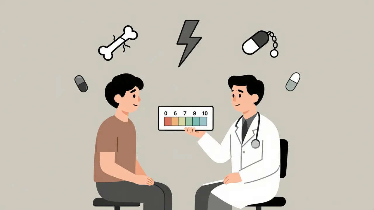 Patient with pain scale and abstract icons representing bone, nerve, and opioid pain.