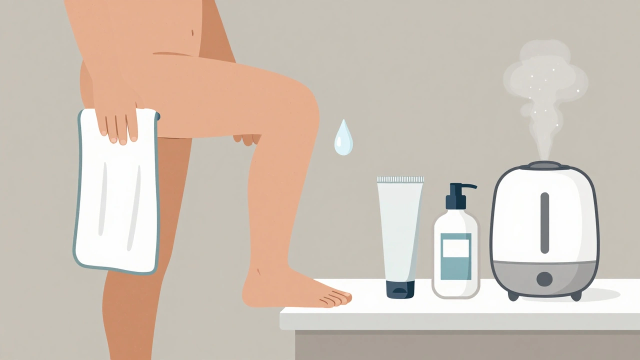 Person after shower applying skincare products to treat keratosis pilaris, minimalist illustration