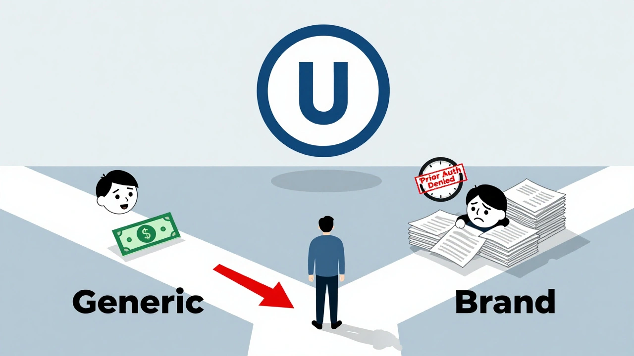 Person at crossroads choosing between generic and brand drug paths with contrasting outcomes.