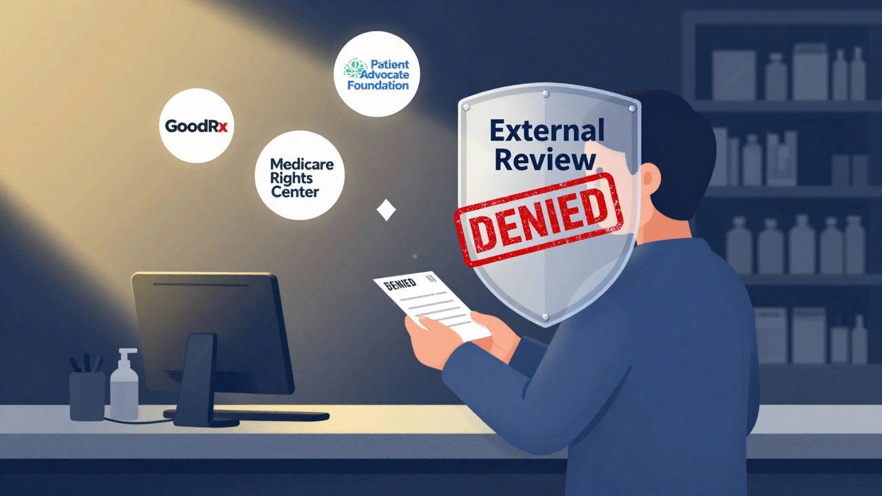 Person at pharmacy protected by &#039;External Review&#039; shield, support organization icons floating behind.