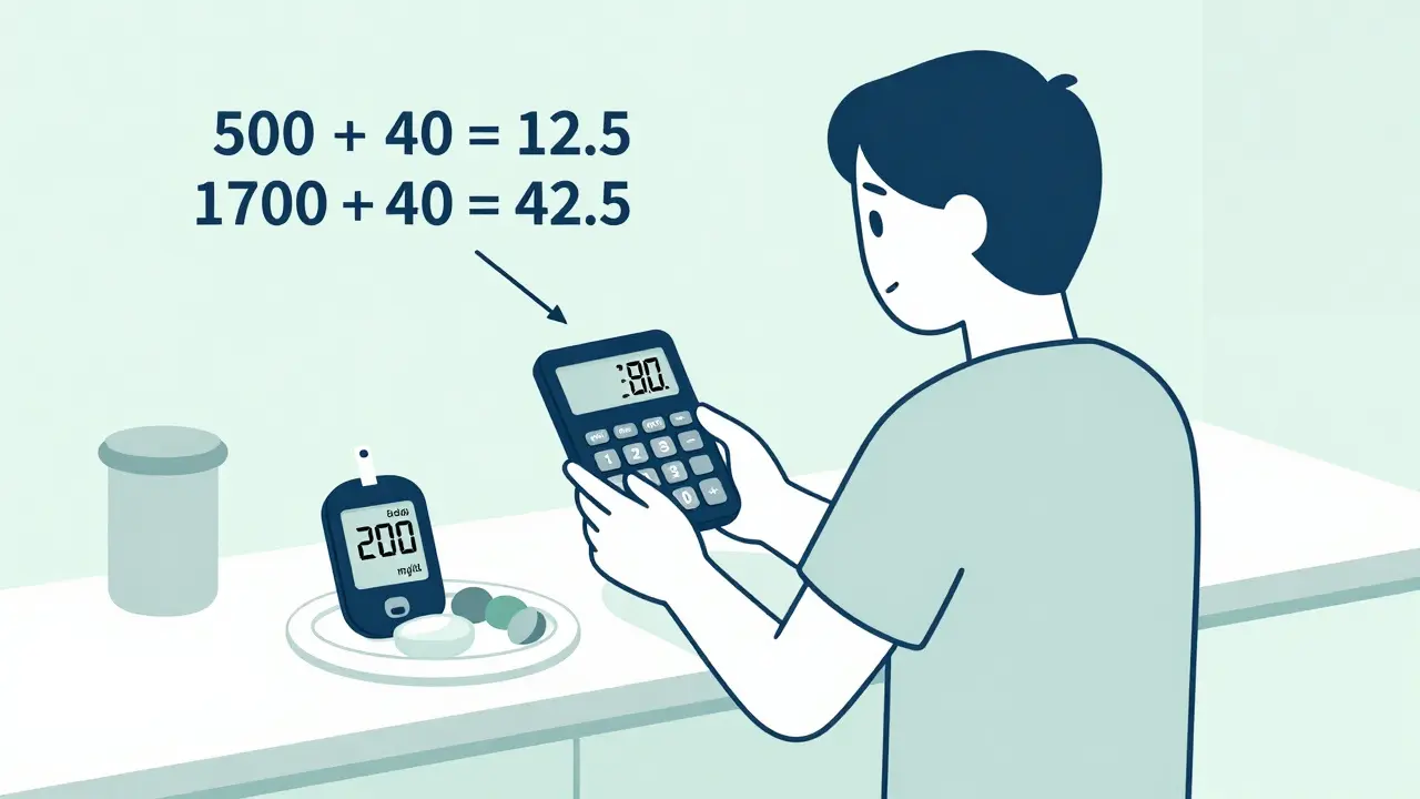 Person calculating insulin dose with carb ratio and correction factor at kitchen counter.