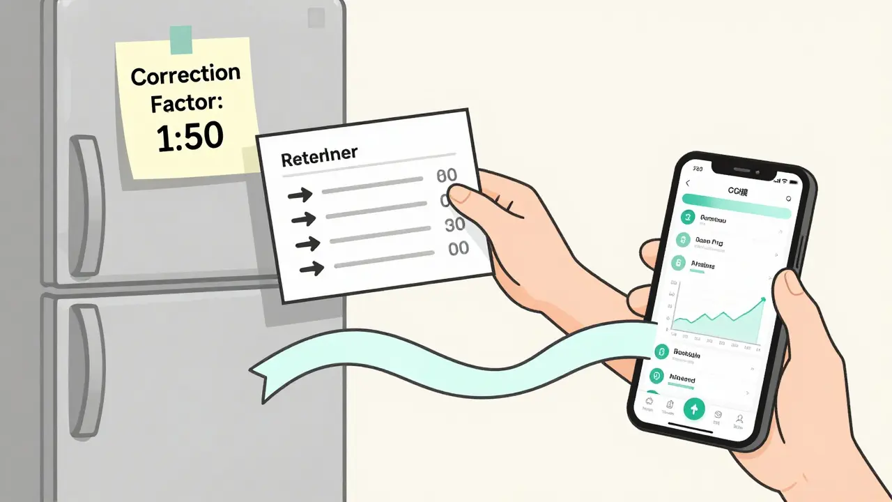 Person holding reference card for CGM dose adjustments beside fridge with correction factor note.